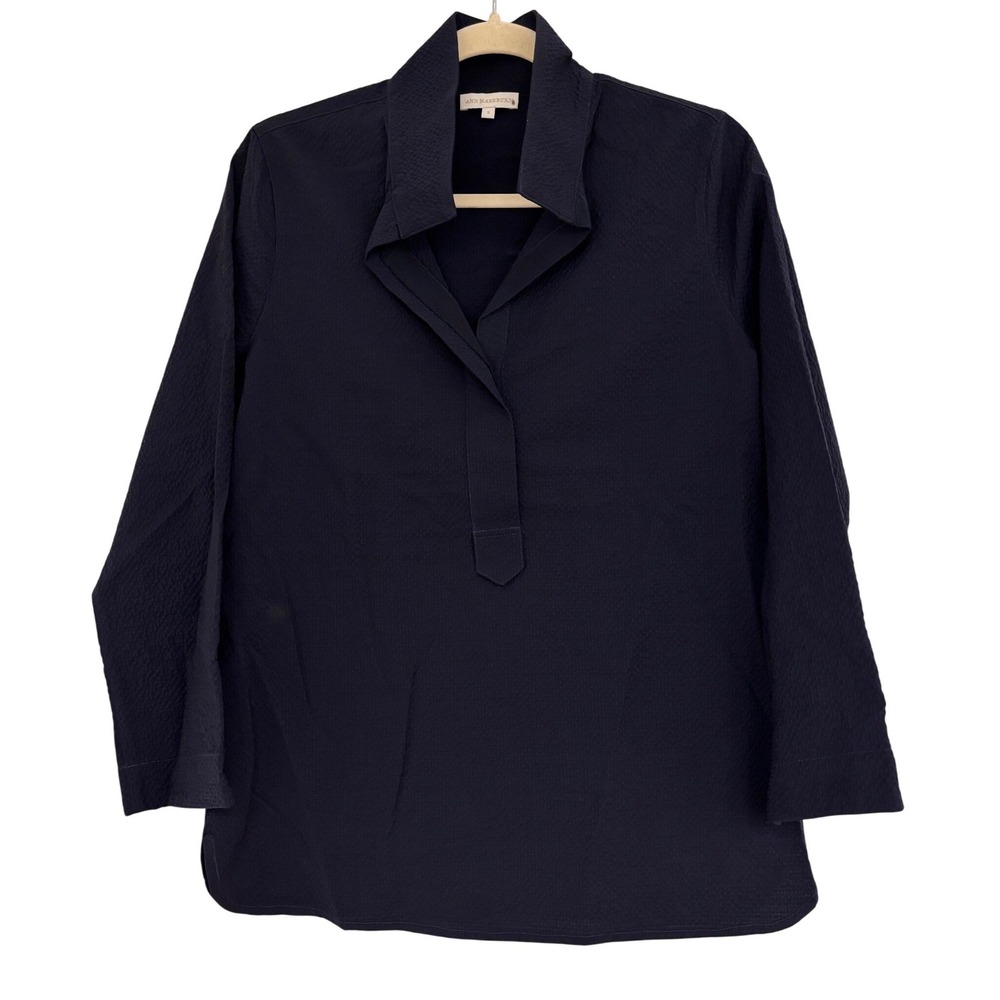 Ann Mashburn Navy Blue Seersucker Tunic Top Long Sleeve Placket Blouse Small‎